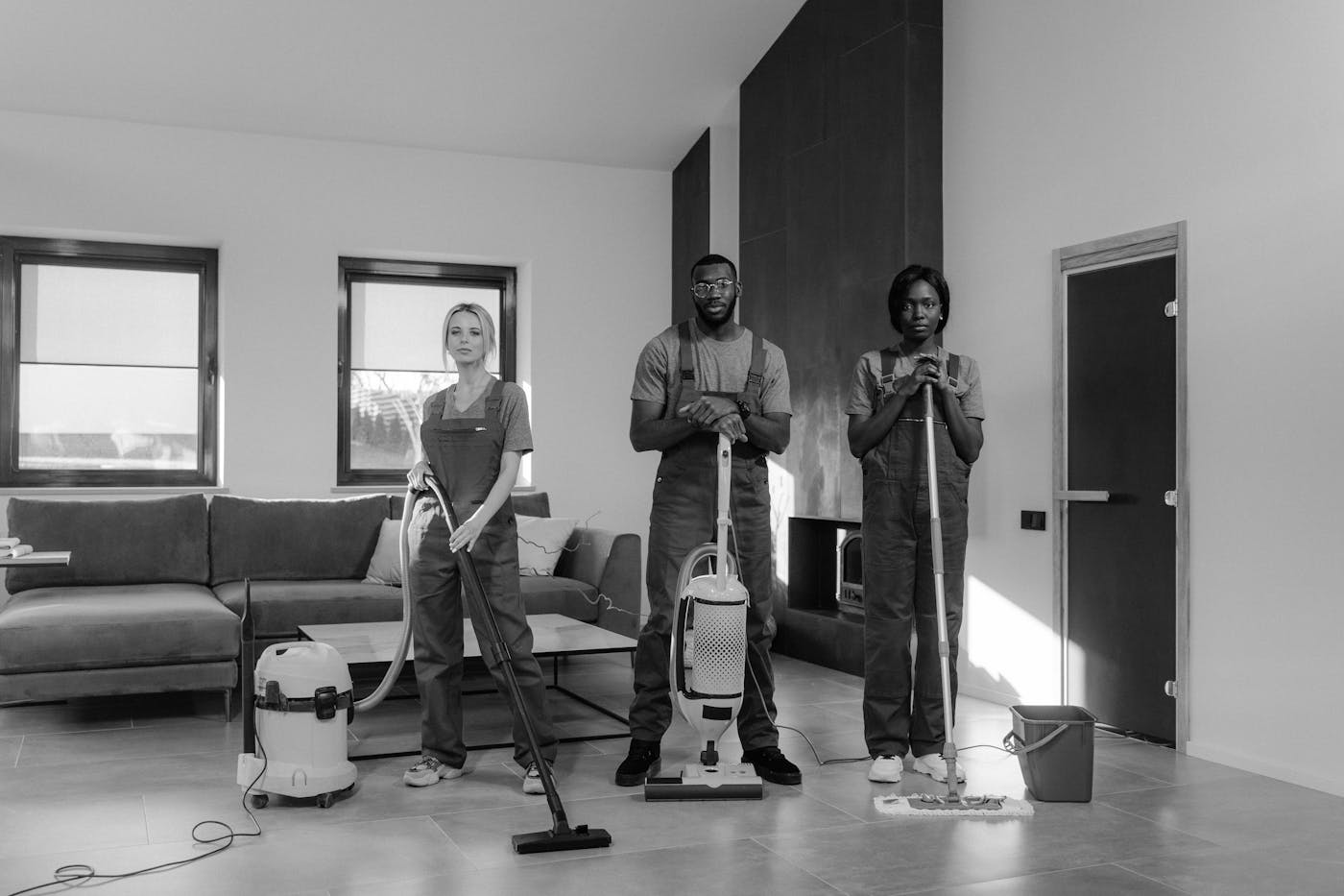 Reinigungsteam mit Industriestaubsauger und Mop im Wohngebäude
